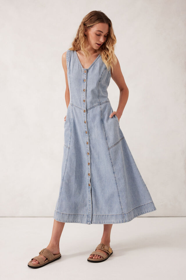 V-Neck Flared Midi Dress, WORN BLUE
