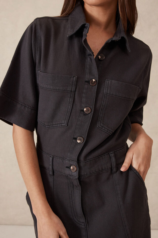 Short Sleeve Denim Maxi Shirt Dress, WASHED BLACK TWILL