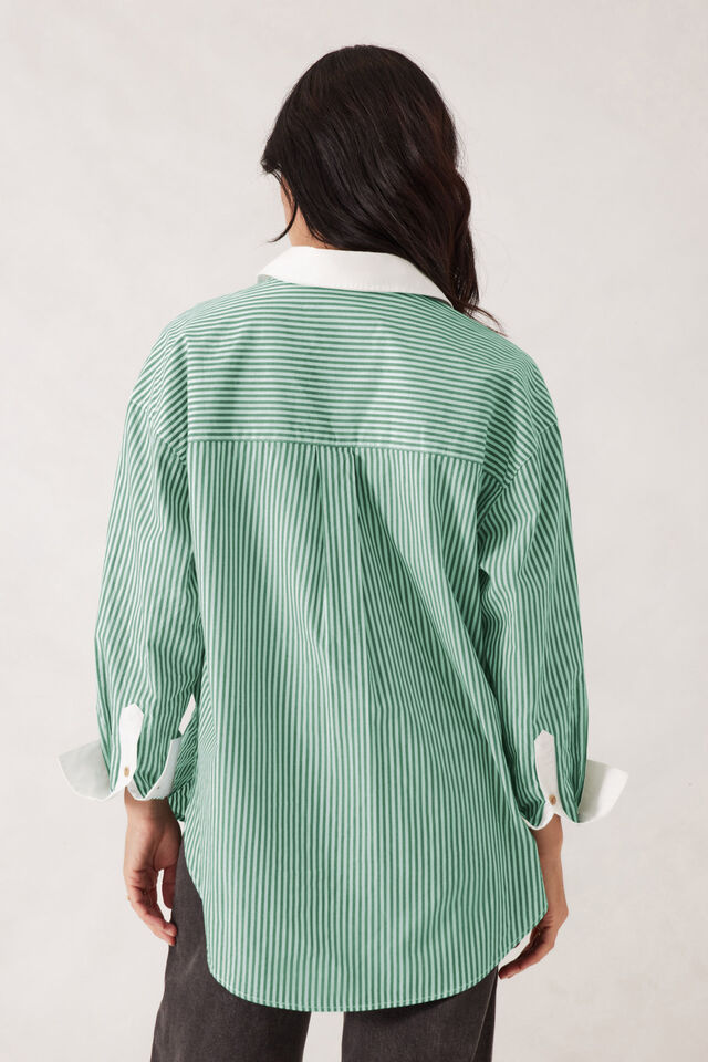 Peta Oversized Shirt, KELLY GREEN STRIPE WHITE COLLAR