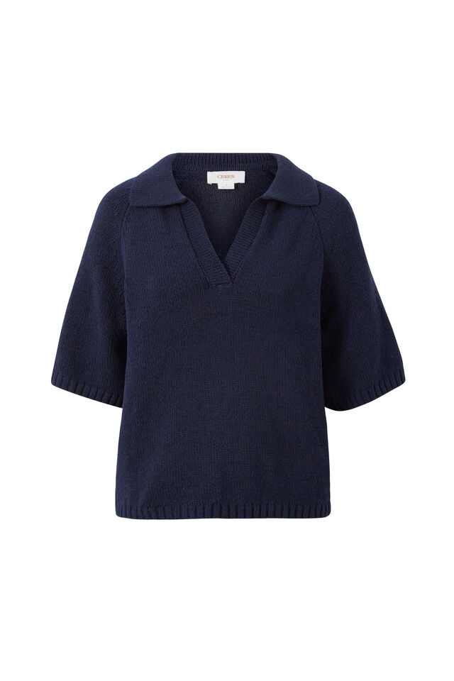 Short Sleeve Collared Beach Knit, NEW NAVY