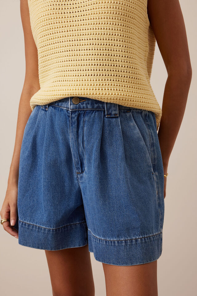 Billie Pleat Front Short, WASHED INDIGO