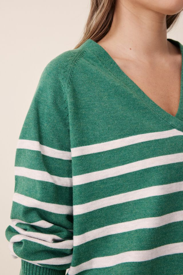 Soft Knit Classic V In Recycled Blend, LAWN GREEN OATMEAL STRIPE
