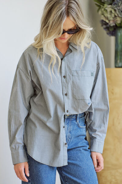 Peta Oversized Shirt, GREEN WHITE NARROW STRIPE