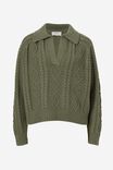 Cable Collared Pullover In Organic Cotton, SOFT KHAKI - alternate image 2