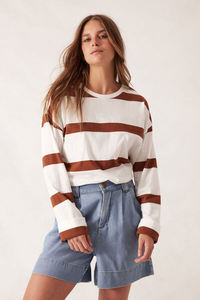 Slouchy Long Sleeve  Tee, VANILLA/TOBACCO BOLD STRIPE