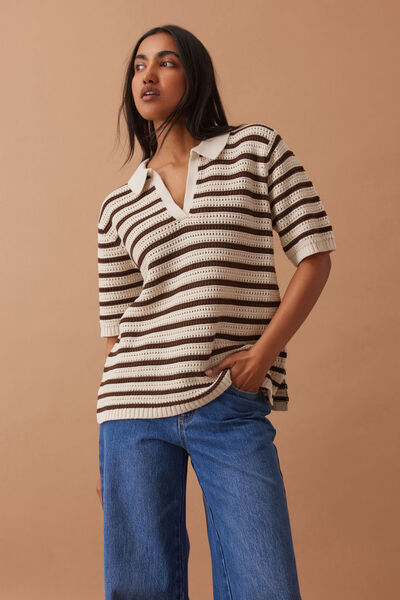 Molly Textured Stripe Short Sleeve Knit Tunic, CHOC STRIPE