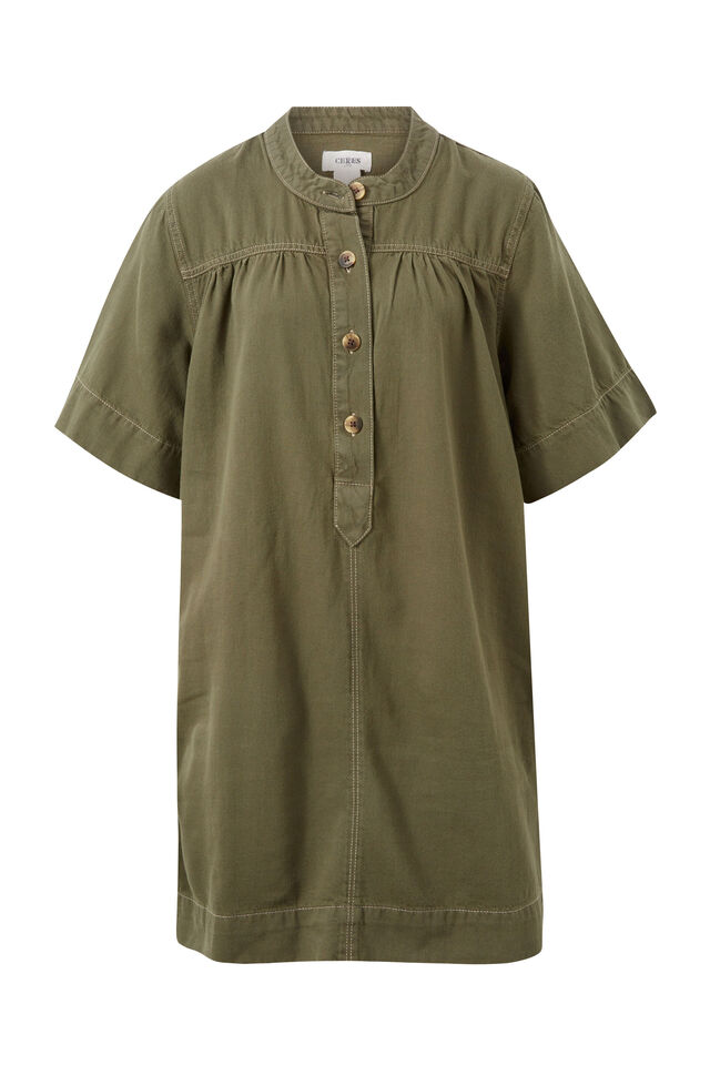 Half Placket Tunic Dress, SOFT OLIVE TWILL