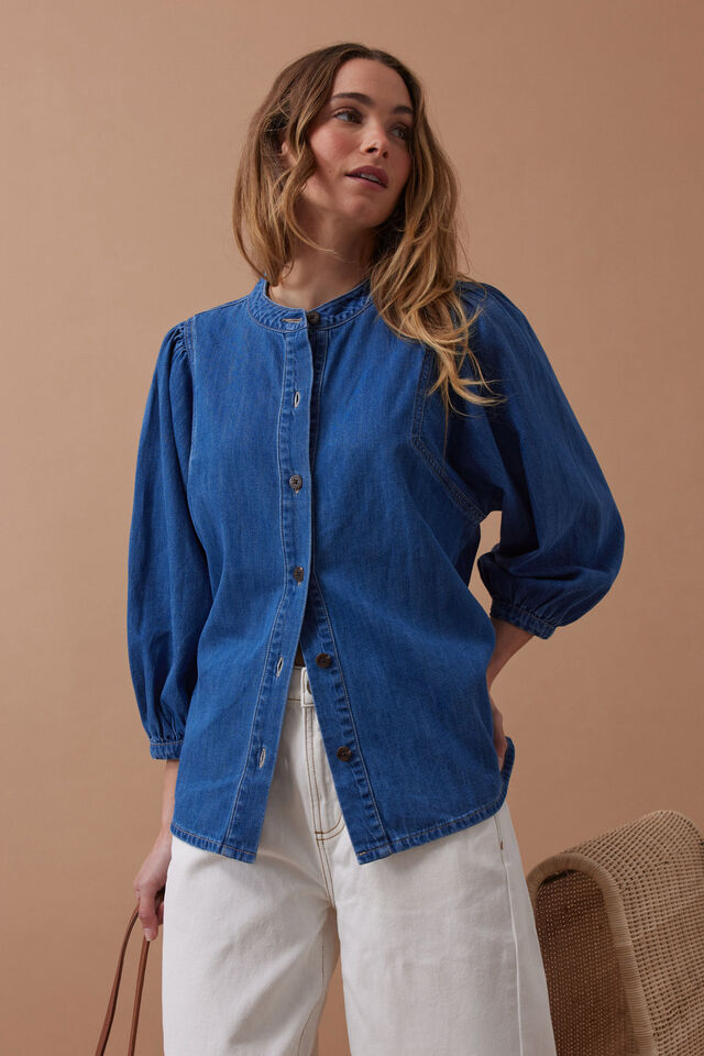Puff Sleeve Denim Shirt, TRUE INDIGO
