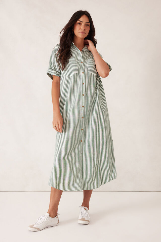 Rolled Cuff Midi Shirt Dress, WINTER GREEN BRIGHT WHITE STRIPE