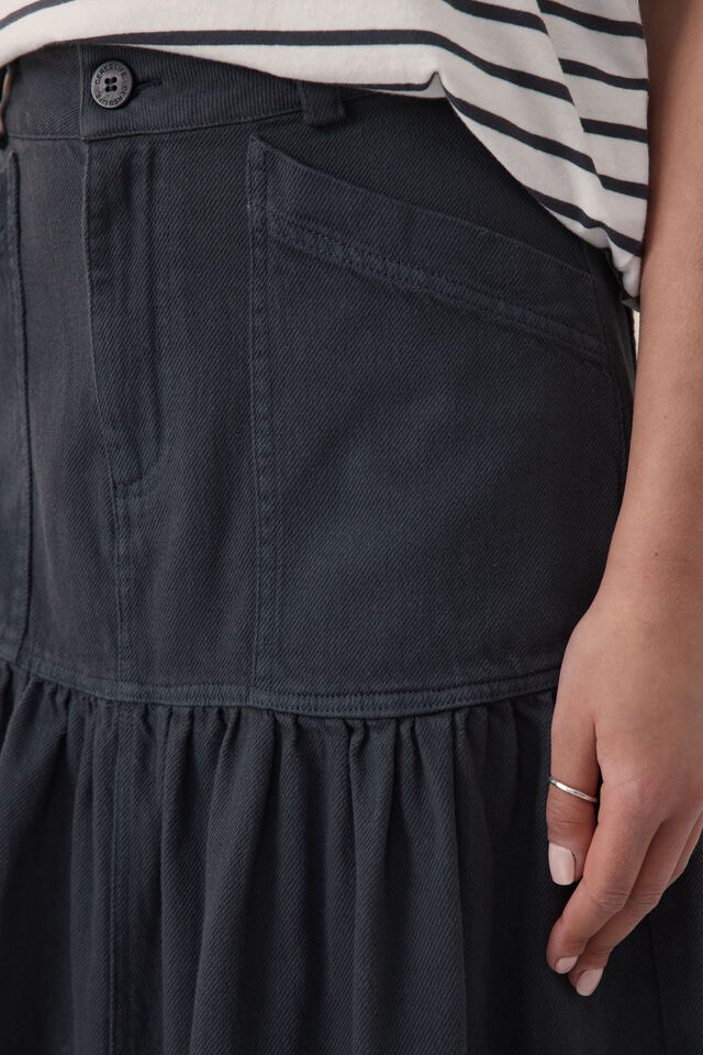 Tiered Midi Skirt, WASHED BLACK TWILL