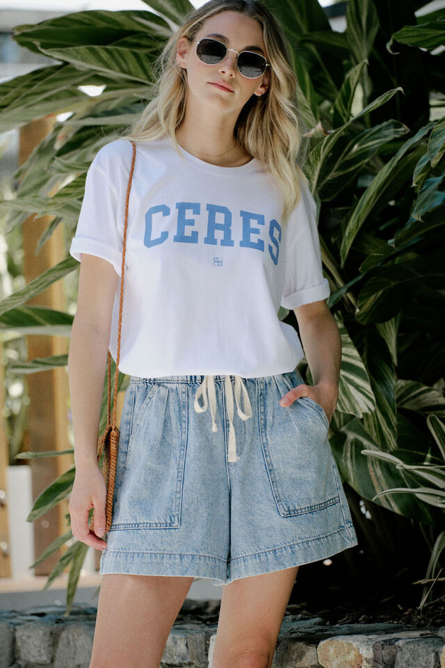 Stevie Slouchy Split Hem Tee, WHITE/CERES VARISTY POOL BLUE