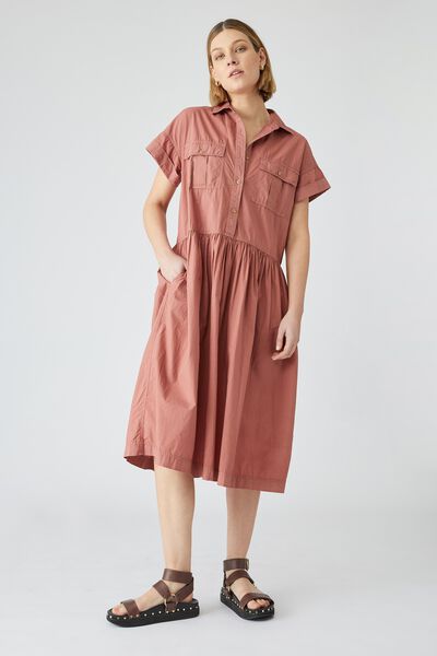 Organic Drop Waist Shirt Dress, RUST
