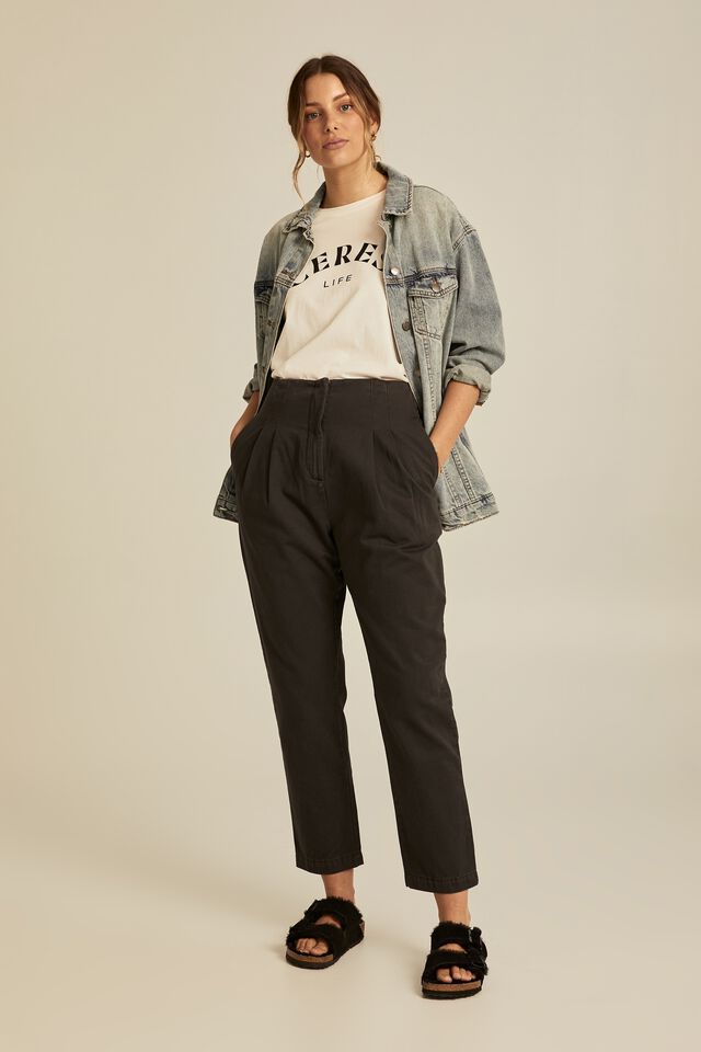 Flat Front Pant With Elastic Waist In Cotton, BLACK