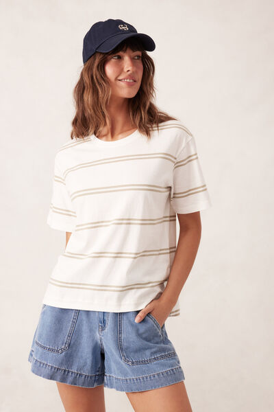 Stevie Slouchy Split Hem Tee, VANILLA/MATCHA DOUBLE STRIPE