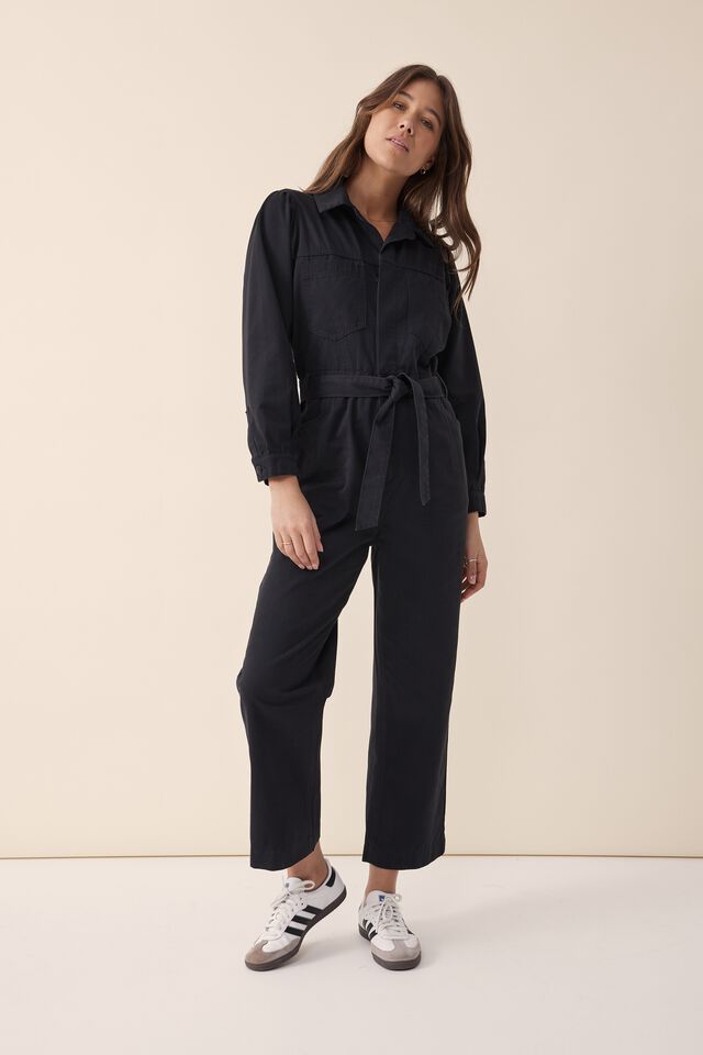 Puff Sleeve Jumpsuit, BLACK RESCUED FABRIC