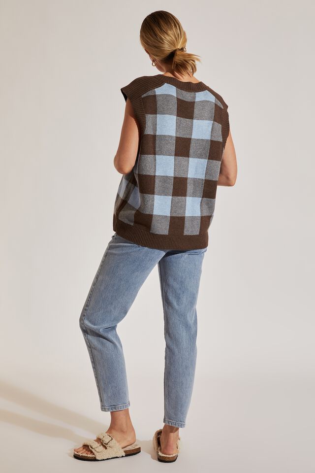 Soft Knit Checkered Vest In Recycled Blend, BITTER CHOC BLUE SHADOW CHECK
