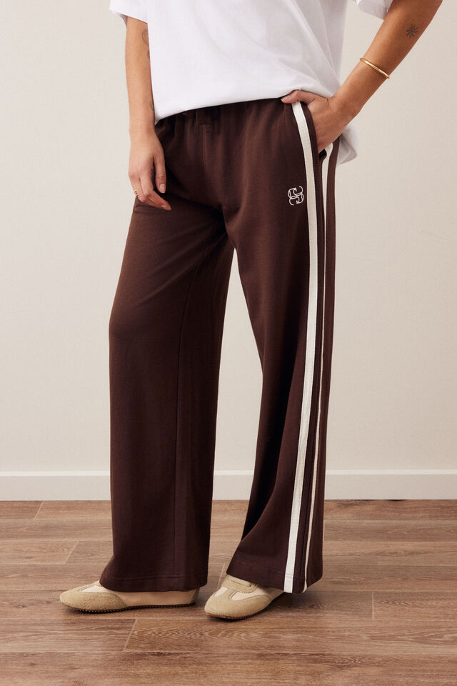 Gigi Wide Leg Terry Trackpant, CHOCOLATE SIDE STRIPE