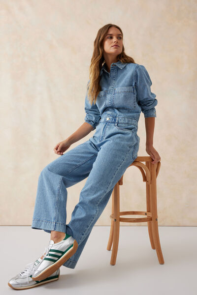 Long Sleeve Soft Denim Jumpsuit, VINTAGE BLUE