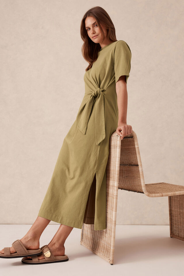 Tie Midi Tee Dress, FIG GREEN