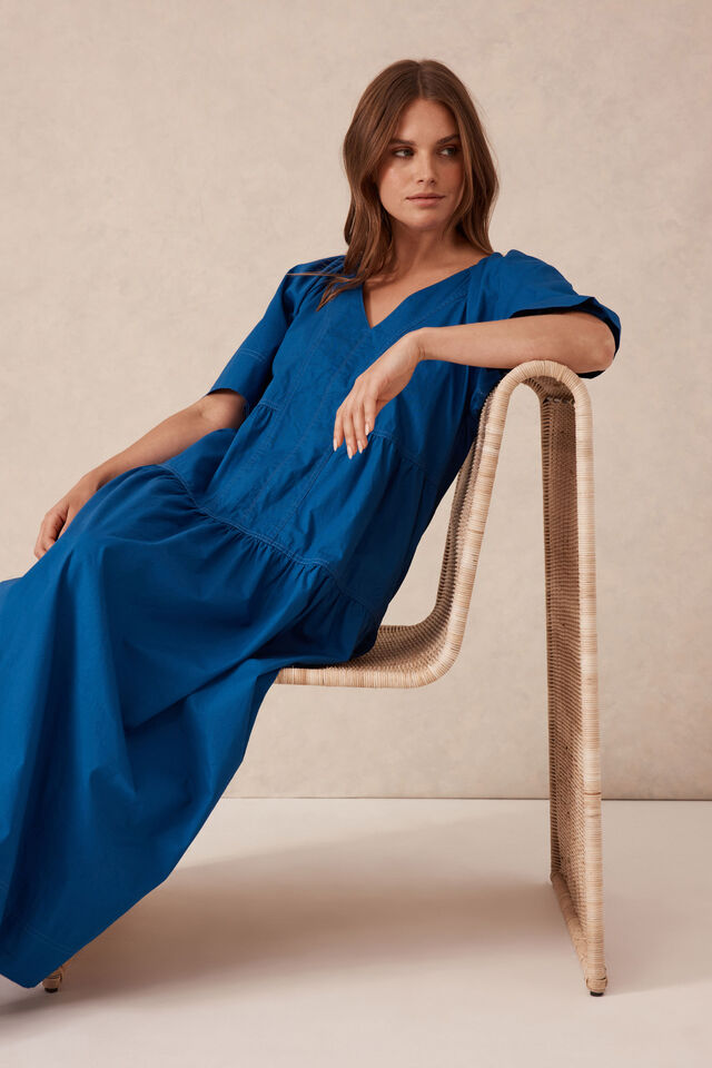 Tiered Poplin Midi Dress, FRESH COBALT