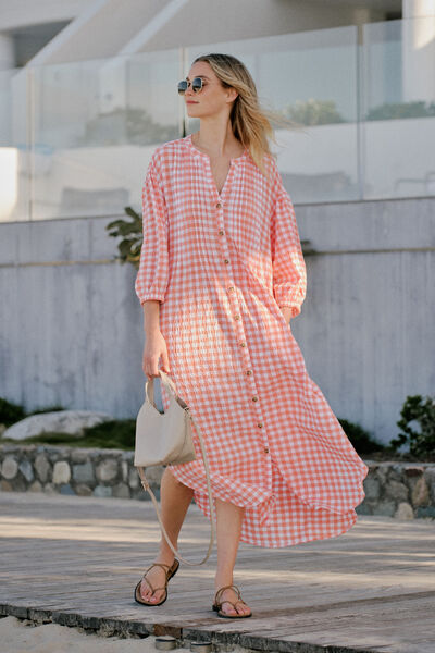 Crinkle Midi Dress, CORAL WHITE GINGHAM