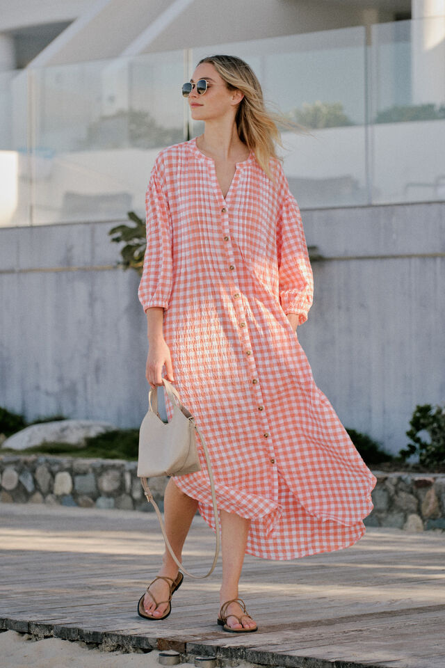 Crinkle Midi Dress, CORAL WHITE GINGHAM