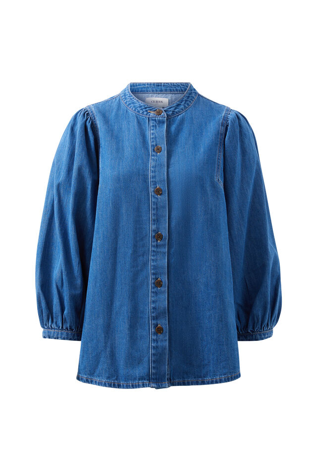 Puff Sleeve Denim Shirt, TRUE INDIGO