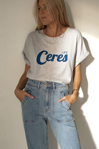 Roll Cuff Tee In Australian Cotton, CLOUD MARLE/COBALT CERES