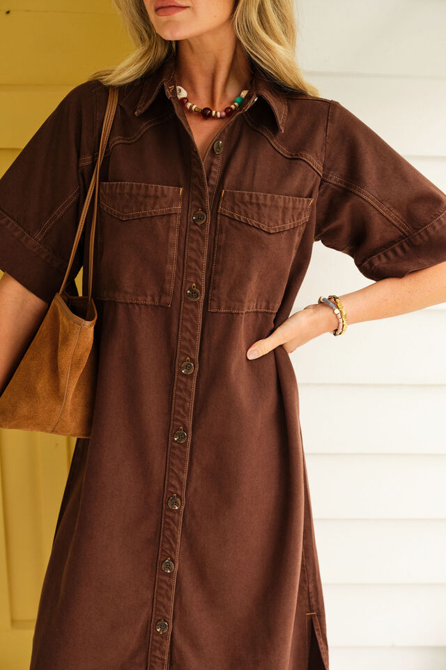Ava Short Sleeve Midi Dress, CHOCOLATE
