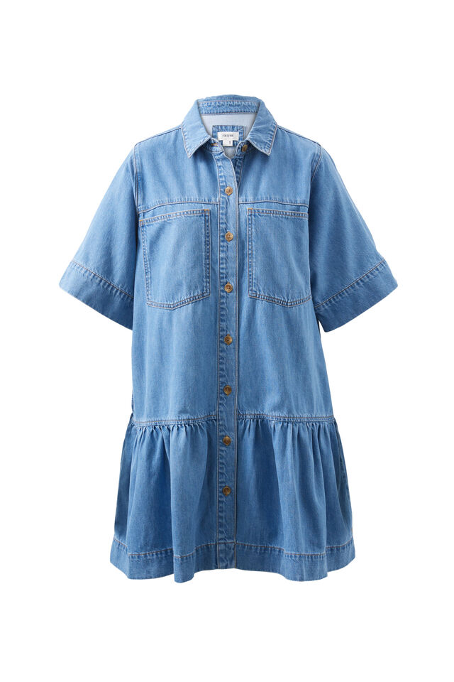 Short Sleeve Tiered Pocket Shirt Dress, VINTAGE BLUE