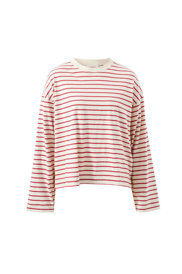 Beau Long Sleeve Slouchy Tee, BUFF/RED STRIPE