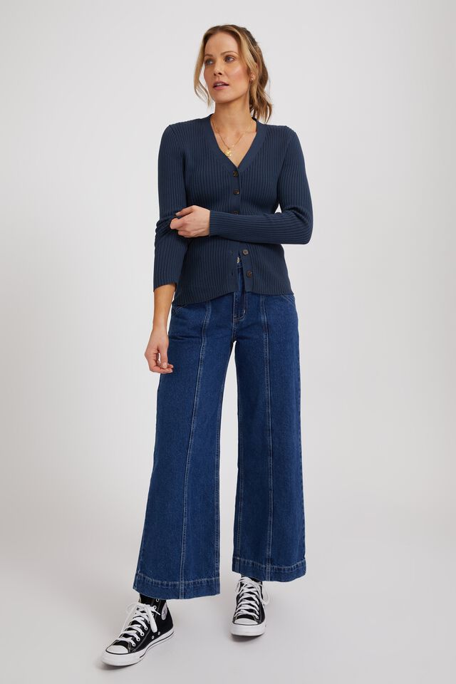 Rib Cardigan In Organic Cotton, SMOKE
