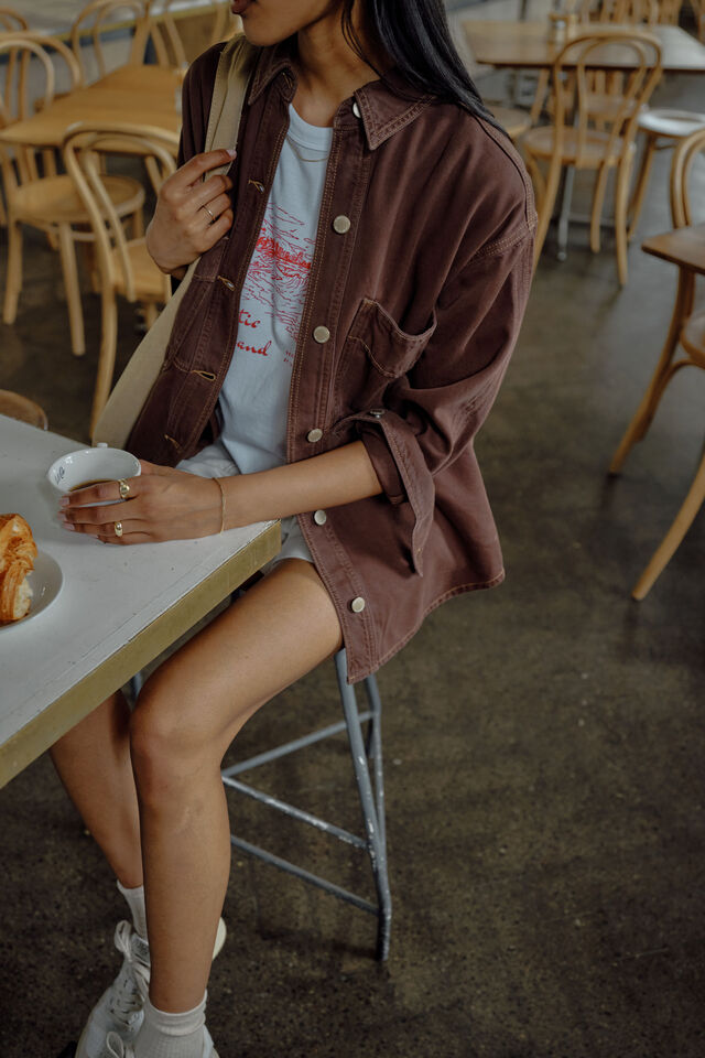 Bobbi Side Pocket Denim Shacket, CHOCOLATE