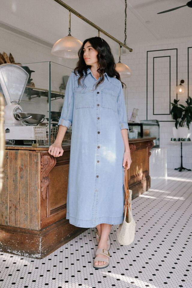 Rae Long Sleeve Midi Dress, MID BLUE WASH