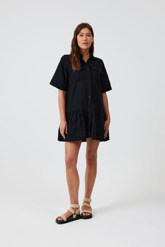 Twill Dress With Tier In Rescue Cotton, BLACK