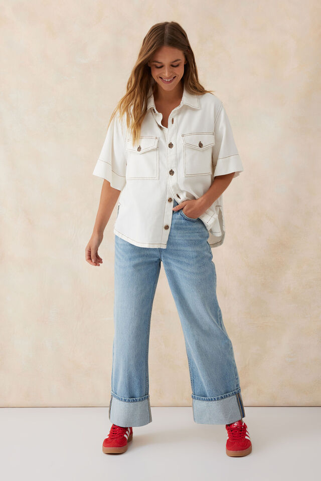 Short Sleeve Boxy Shirt, FRESH ECRU TWILL