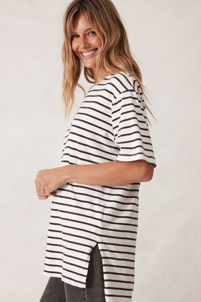 Lola Longline Step Hem Tee, VANILLA /PHANTOM FINE STRIPE
