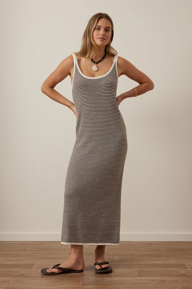 Fia Stripe Knit Midi Dress, CHOCOLATE ECRU STRIPE