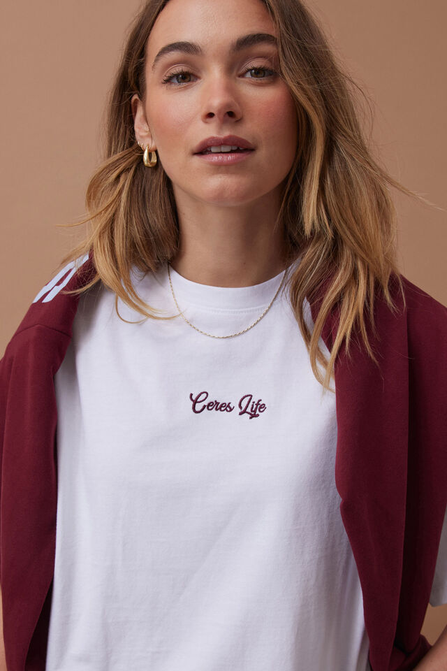 Tully Boyfriend Tee, WHITE/CERES SCRIPT POMEGRANATE EMBROIDERY