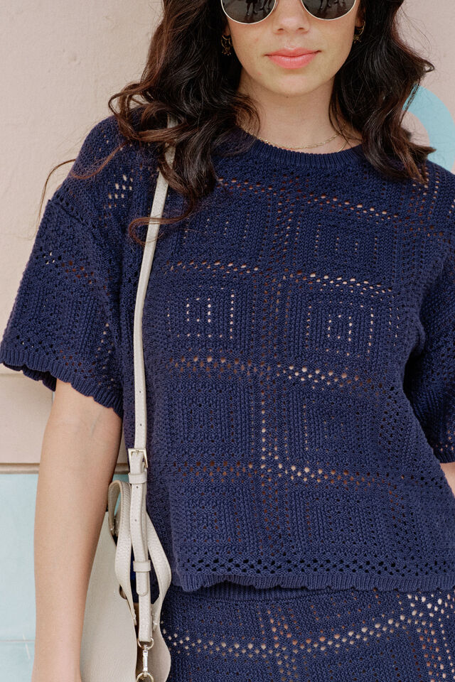 Square Knit Boxy Tee, NEW NAVY