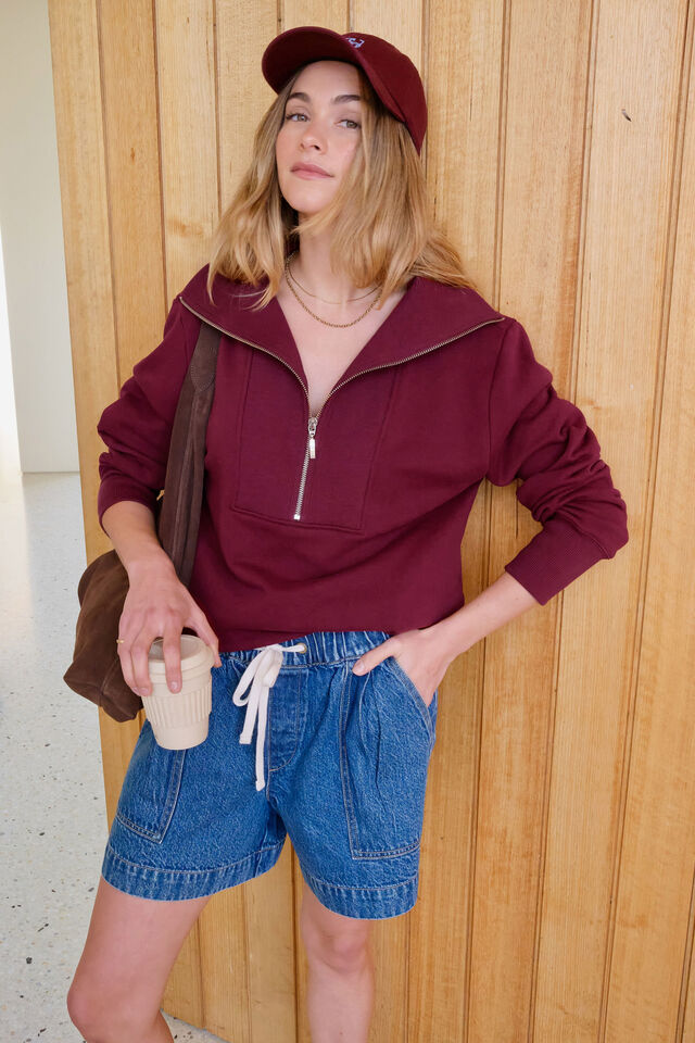 Isabella Half Zip Sweat, BURGUNDY