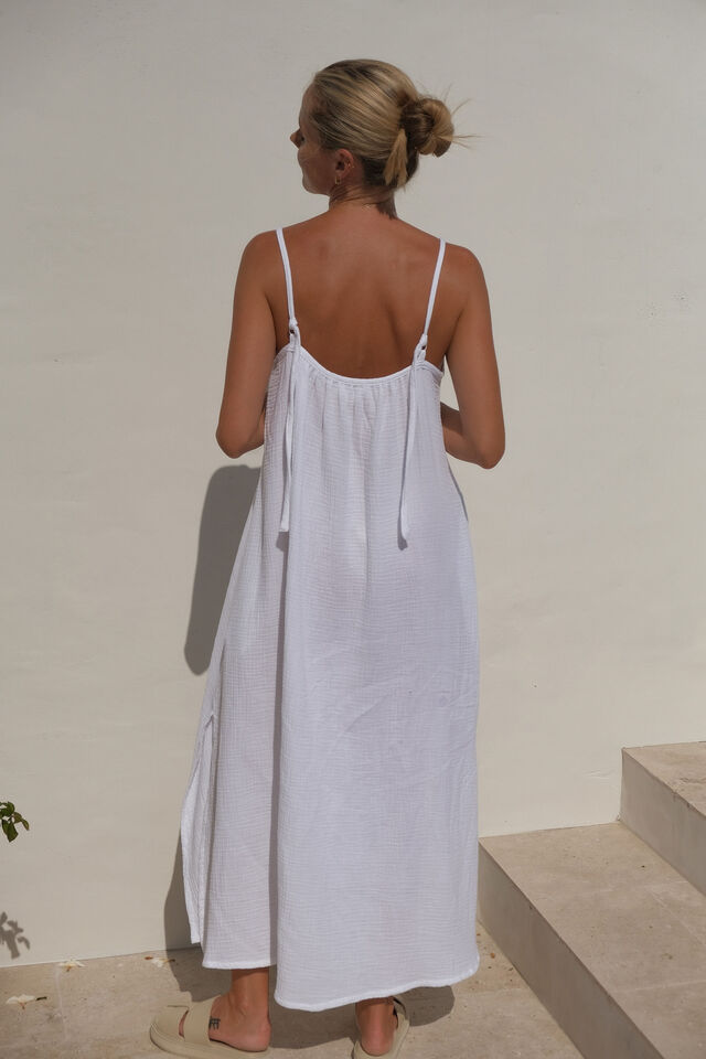 Doublecloth Strappy Midi Dress In Organic Cotton, WHITE