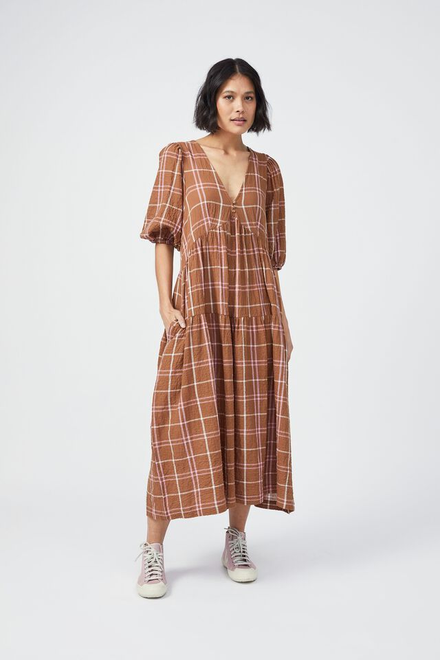 Check Smock Midi Dress In Textured Organic Cotton, GINGER SUMMER PINK CHECK