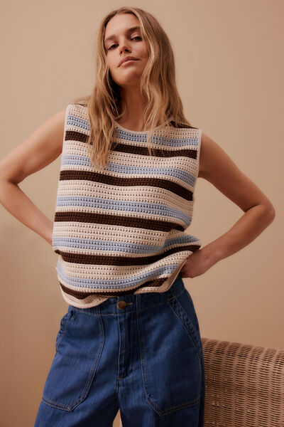 Margot Mesh Knit Tank, ECRU /CHALK CHOC STRIPE
