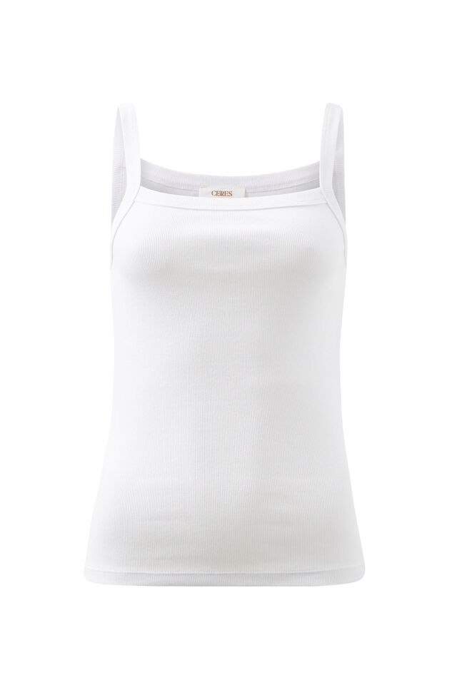 Square Neck Rib Singlet, WHITE