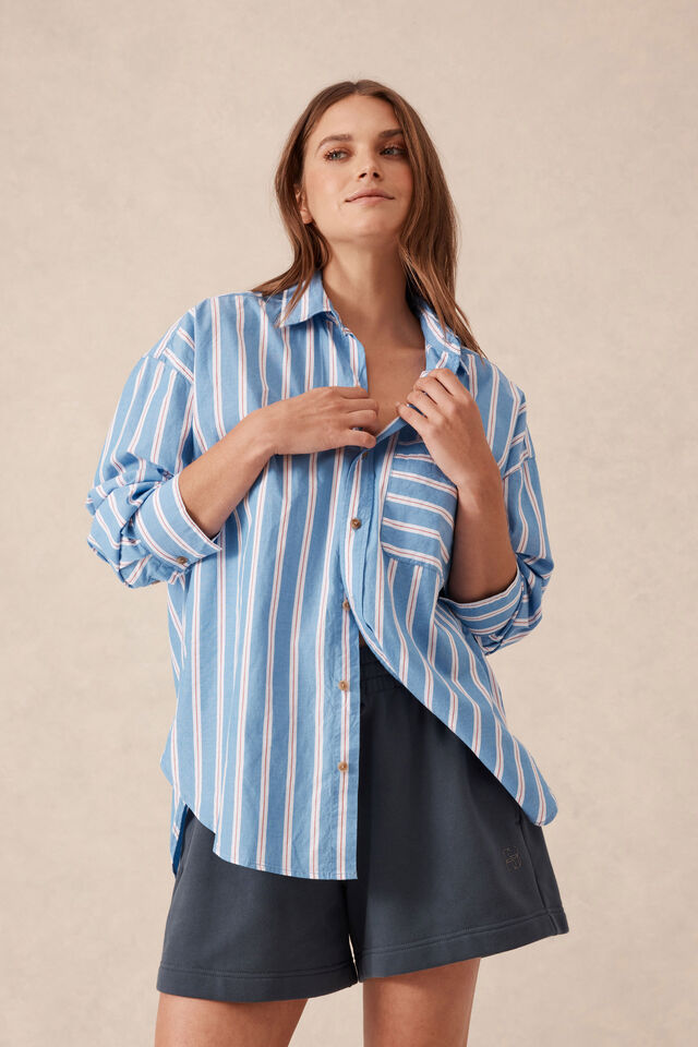 Peta Oversized Shirt, BLUE WHITE RED STRIPE ORGANIC COTTON