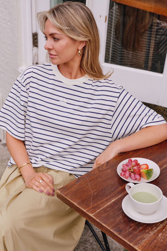 Phoebe Premium Tee, MILK/PRUSSIAN BLUE STRIPE