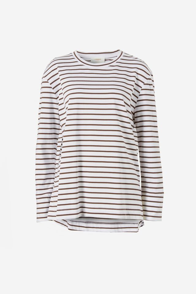 Organic Oversized Ls Cuff Step Hem Tee, WARM WHITE/BITTER CHOCOLATE FINE STRIPE