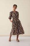 Puff Sleeve Midi Dress In Rescued Fabric, BLACK PAISLEY FLORAL - alternate image 1