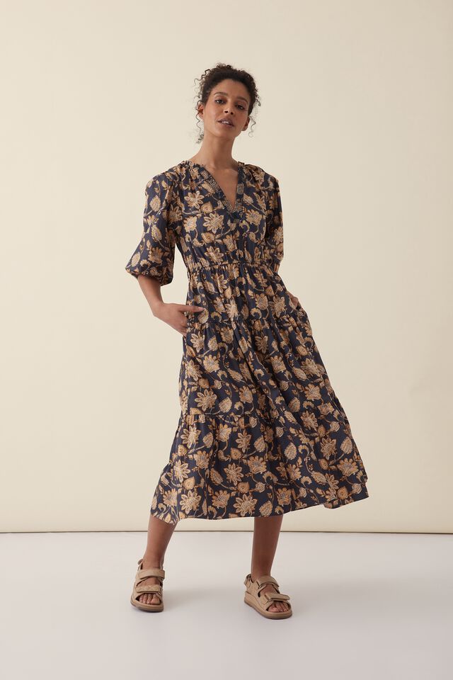 Puff Sleeve Midi Dress, BLACK PAISLEY FLORAL IN RESCUED FABRIC
